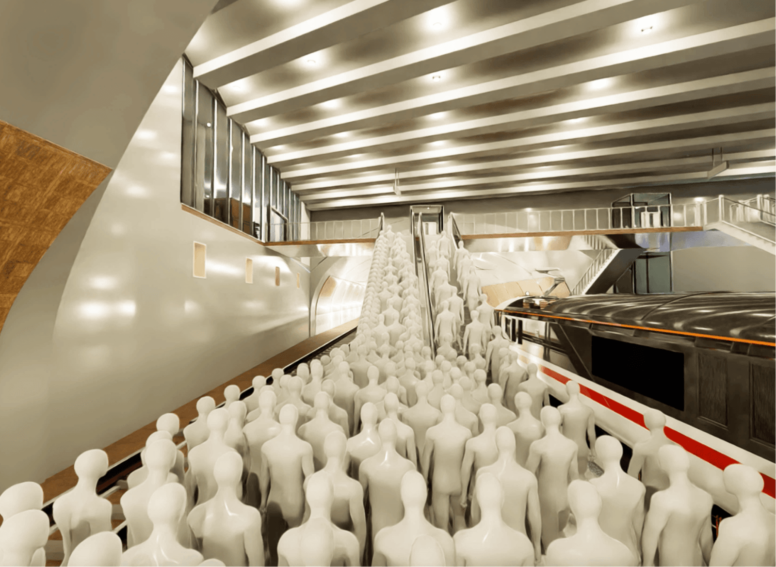 A physical AI simulation of people moving through a train station beside a train.